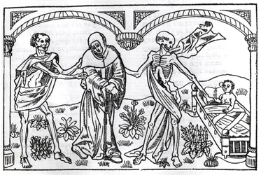 De dood neemt de bedelaar en het kind mee, uit de Danse Macabre, gepubliceerd in Parijs, 1485